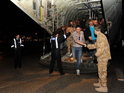 Two Royal Air Force C130 Hercules evacuated more than 150 civilians from desert locations south of Benghazi .