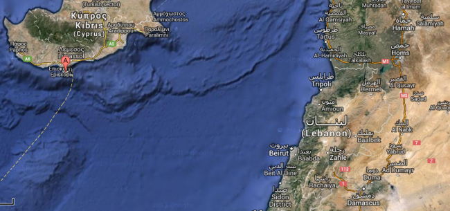 The RAF base is 218 miles from Damascus airport (Credit: B2/Google)