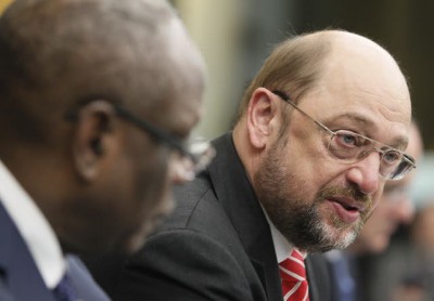 Martin Schulz et Ibrahim Boubacar Keita lors de la conférence de presse conjointe au Parlement européen de Strasbourg