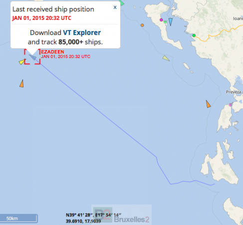 The last position of the Ezadeen before it was taken over by the Icelandic and Italian coastguards (credit: Vessel Finder / B2)