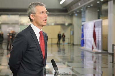 Jens Stoltenberg upon his arrival in Riga facing the press. (Latvian Presidency of the EU)