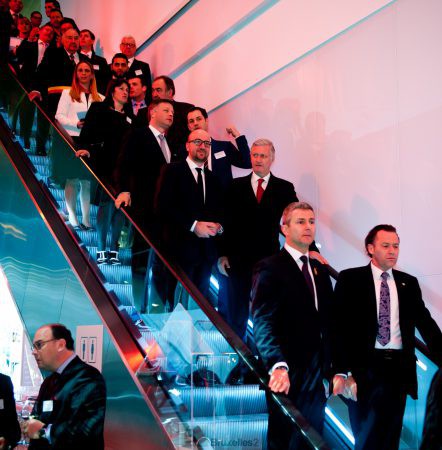 Going down the escalator to inaugurate the new "connector" at Zaventem airport was easier than dealing with the attacks (credit: PM Belge)